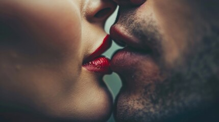 Close-up of a couple's lips about to kiss.