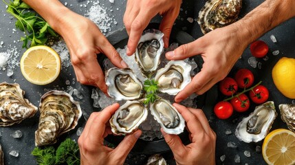 A group of people are holding up oysters and other seafood - obrazy, fototapety, plakaty