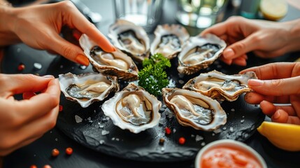 A group of people are holding up oysters on a black plate - Powered by Adobe