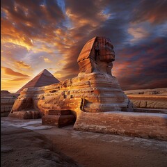 The iconic Great Sphinx by the majestic Pyramids of Egypt, standing sentinel in the sands of the...