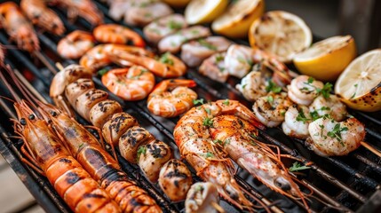 A variety of seafood is grilled on a barbecue, including shrimp, scallops