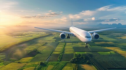 A white airplane is flying over a field of grass