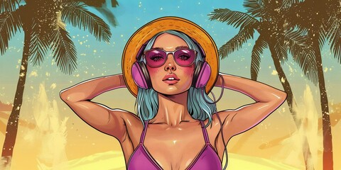 illustration of a girl in bikini listen music with headphones and Showing fun at the beach