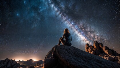 Young woman sitting on top of mountain and looking at milky way - Powered by Adobe