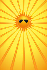 Orange sky with sunrays and sun with sunglasses. - 786025128