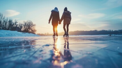 A couple ice skating hand in hand on a frozen lake. 