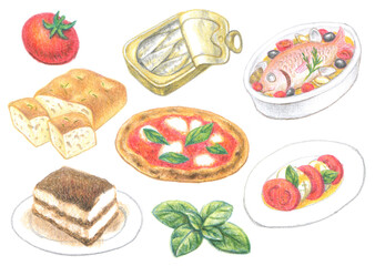 色鉛筆で描いたイタリア料理