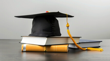 Graduation hat with diploma and books on dark table 