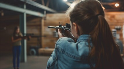 A girl practices shooting a rifle at a shooting range under the guidance of a trainer