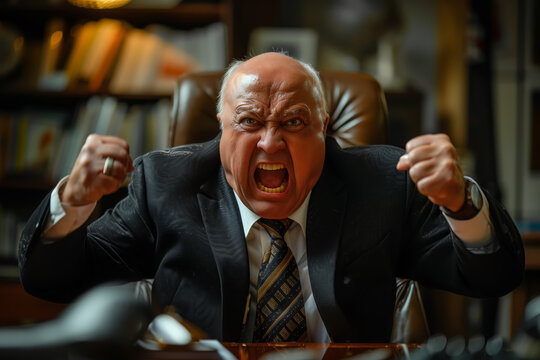 Angry boss man in a suit and tie is depicted with his mouth wide open, shouting, showing anger or emotion while sitting in the office