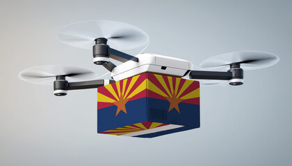 Aerial view of drone delivery. A UAV transporting a box with the Arizona flag, representing the cutting-edge technology in logistics.