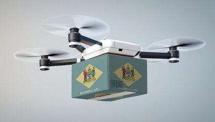 Aerial view of drone delivery. A UAV transporting a box with the Delaware flag, representing the cutting-edge technology in logistics.