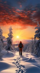 A person is walking in the snow with a backpack and skis