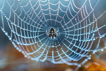 Fototapeta premium Orb weaver spider center of its web with morning dew