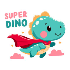 Cute little kawaii dinosaur flying in the clouds with the inscription "Super Dino". Isolated illustration on transparent background. Design concept for children's products.
