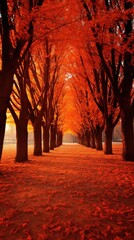 A long path lined with trees is covered in orange leaves