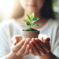 girl holding young green plant