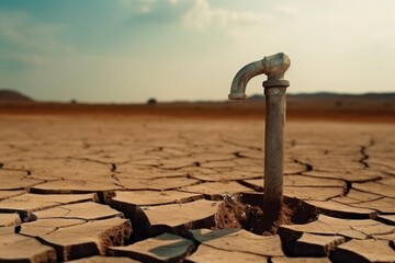 Water trickling from a tap in a parched landscape, symbolizing hope in drought. Solitary Water in Drought - obrazy, fototapety, plakaty