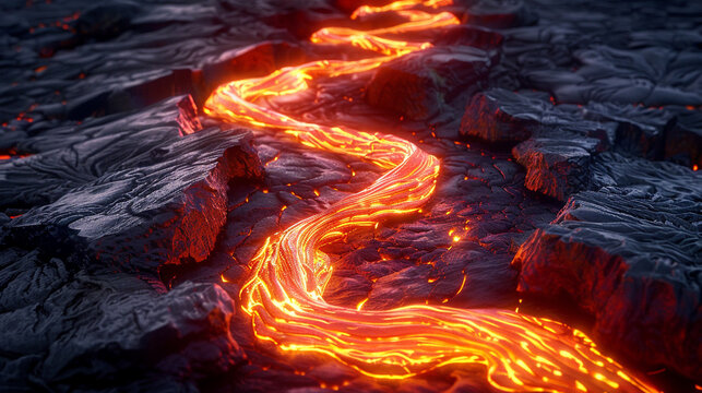 Volcanic luminescence snakes in a shadowed landscape.
