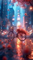 City Oasis: Amidst skyscrapers and traffic, a bike adorned with blossoms offers a peaceful retreat.