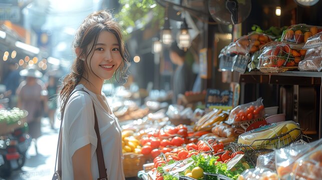 A highquality image of an Asian woman exploring a bustling street market, sampling local foods and interacting with vendors