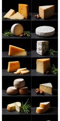Cheese of different varieties on a black background.