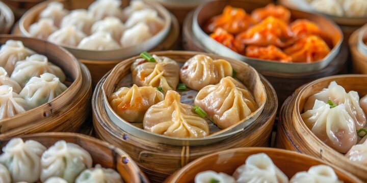 A close-up of various dumplings served in traditional bamboo steamers, highlighting the diversity of Asian cuisine