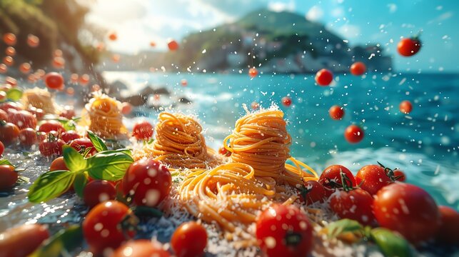 A highquality image of Italian pasta dishes levitating, set against a brightly colored turquoise ocean backdrop