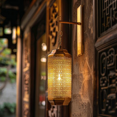 A golden lantern, radiant with warm light, gracefully hangs from the side of a wall, casting a...