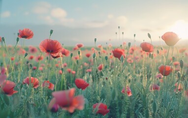 Fototapeta premium A painting of a field of red flowers with a blue sky in the background