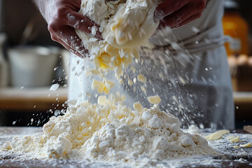 The hand that is kneading the dough is placed on a floured surface. Including baking ingredients and various equipment. scattered throughout