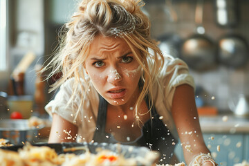 Woman is busy cooking in the kitchen