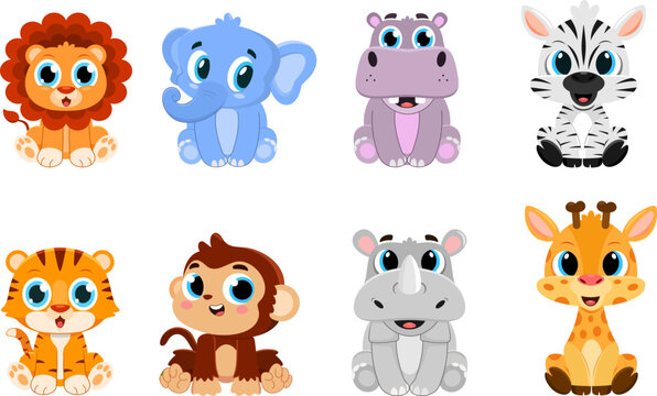 Cute Baby Safari Animals Cartoon Characters. Vector Flat Design Collection Set Isolated On Transparent Background