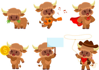 Cute Baby Highland Cow Cartoon Character. Vector Flat Design Collection Set Isolated On Transparent Background