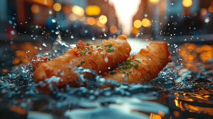 A highquality photo of floating British fish and chips, against a lively urban London street background at twilight - obrazy, fototapety, plakaty
