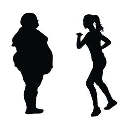 Fat friends woman and fitness girl instructor vector silhouette illustration isolated. Big belly overweight female. Fit lady dancer teach big girl exercise how to losing weight activity. Health care.