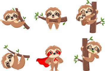 Obraz premium Cute Sloth Cartoon Characters. Vector Flat Design Collection Set Isolated On Transparent Background