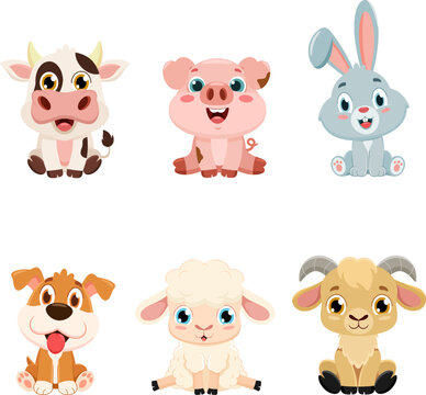 Cute Baby Farm Animals Cartoon Characters. Vector Flat Design Collection Set Isolated On Transparent Background