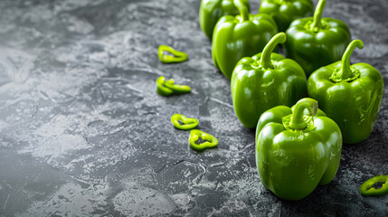 green bell peppers in a row on concrete countertop
