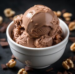 Homemade Chocolate Nutella Gelato, an easy Italian Ice Cream, on top with nutty and syrup - obrazy, fototapety, plakaty