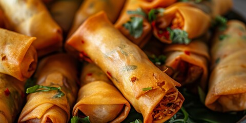 A mouthwatering close-up of crispy homemade spring rolls garnished with fresh herbs - obrazy, fototapety, plakaty