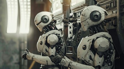 Fototapeta premium Two robots giving a thumbs up in a spaceship