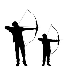 Archer family, father and son vector silhouette illustration isolated. Hunter hunting. Dad teaches son to hold bow arrow. Fathers day, spending time with boy, wakes hunting instinct. Parenting family.