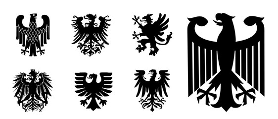 Coat of Arms of Germany black wild eagle vector silhouette illustration Bundesadler isolated. Heraldry bird spread wings national Deutschland symbol. Heraldic Brandenburg COA. Patriotic emblem banners - obrazy, fototapety, plakaty