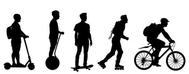Urban ways transportation method vector silhouette illustration isolated. Man ride electric bike shape. Roller boy outdoor. Skate board guy. Scooter male cross the street. Fast transport by wheels.