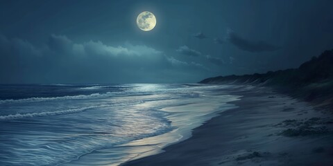 Fototapeta na wymiar Atmospheric image of a tranquil beach at night with a full moon brightly shining above
