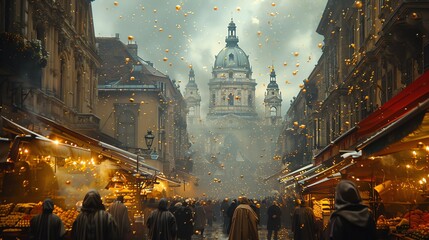 Fototapeta premium A Hungarian goulash, magically suspended in the air, with a historic Budapest street scene backdrop
