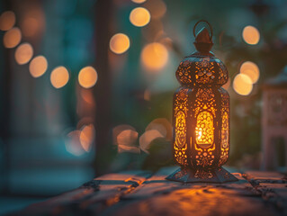 Ramadan Oil Lamp or Muslim tradition oil lamp glow during celebration, vintage tone, cinematic mode, copyspace area - ai - obrazy, fototapety, plakaty