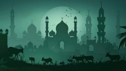 Obraz premium A vector design for the Eid al-Adha event, with a shadow of an Islamic beautiful mosque, with many goats in the foreground in font. At the top there will be blank space for writing text,generative ai