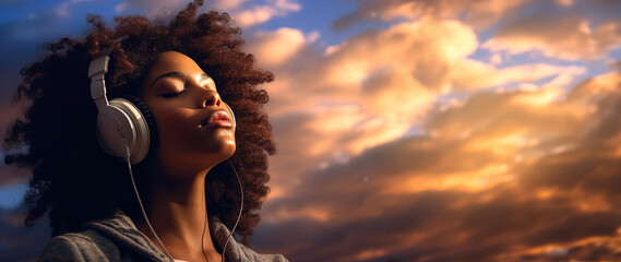 Beautiful african american woman listening to music with headphones on sunset sky background, panoramic layout. Generative Ai